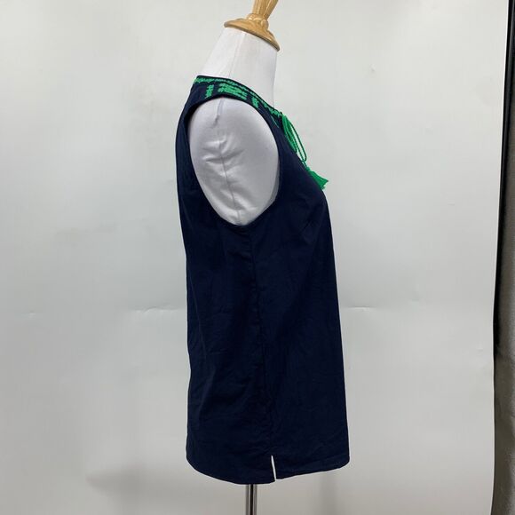 J Crew Tank Womens 0 Navy Green Embroidered Bib Tassel Keyhole Sleeveless Top - Picture 5 of 12